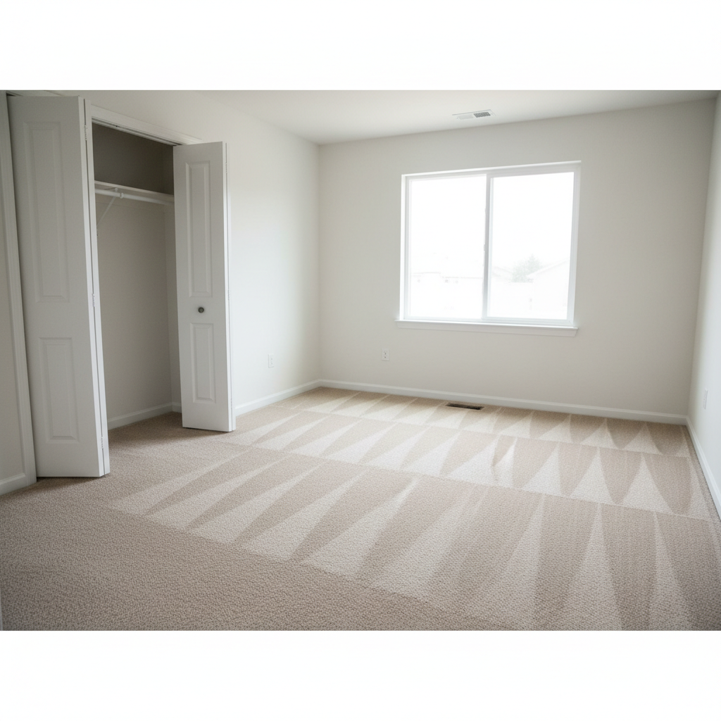 A meticulously cleaned, empty rental bedroom in Pittsburgh, focusing on the details that guarantee a security-deposit-ready space. The beige carpet is uniformly vacuumed with crisp lines, corners perfectly cleared of dust. The white closet doors and frame are spotless, with freshly wiped handles and no smudges. A large, recently washed window lets in bright, diffused daylight, illuminating flawless walls without nail holes or marks. Photographic realism, captured from a corner at eye level, using a balanced composition that shows the open floor area, closet, and window together. Soft, natural lighting creates an inviting, professional atmosphere that communicates readiness for landlord inspection.