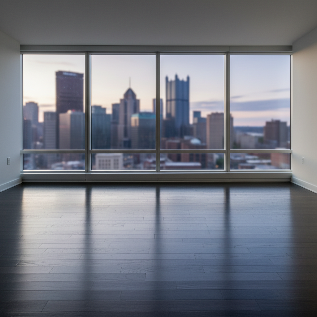 A move-out-ready high-rise apartment in downtown Pittsburgh, shown from the interior with large, spotless floor-to-ceiling windows showcasing a softly blurred city skyline. The freshly mopped, dark hardwood floors have a uniform, low-gloss sheen with no streaks or footprints. Minimalist white walls are free of marks, and the window tracks and sills are visibly dust-free and clean. Early evening natural light floods the space, creating gentle reflections on the floor and subtle highlights on metal window frames. Photographic realism, shot wide-angle with a slightly elevated perspective, emphasizing openness and clarity. The mood is professional, sophisticated, and calm, ideal for a property listing after an expert move-out cleaning.