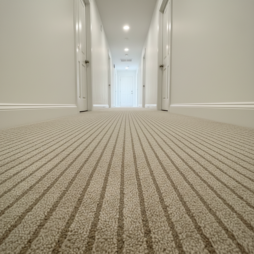 An empty hallway of a Pittsburgh rental property immediately after professional move-out cleaning, featuring a long stretch of spotless carpet. The neutral-toned carpet fibers are freshly vacuumed with visible, orderly vacuum lines running in parallel patterns. The white doors and trim along the hallway are clean and dust-free, with polished brass or brushed-nickel doorknobs catching subtle highlights. Overhead recessed lighting bathes the space in soft, even illumination, with no harsh shadows. Photographic realism, captured from a low angle at one end of the hallway, using the leading lines of the carpet and walls to draw the eye toward the distant, bright doorway. The atmosphere feels organized, efficient, and reliably professional.