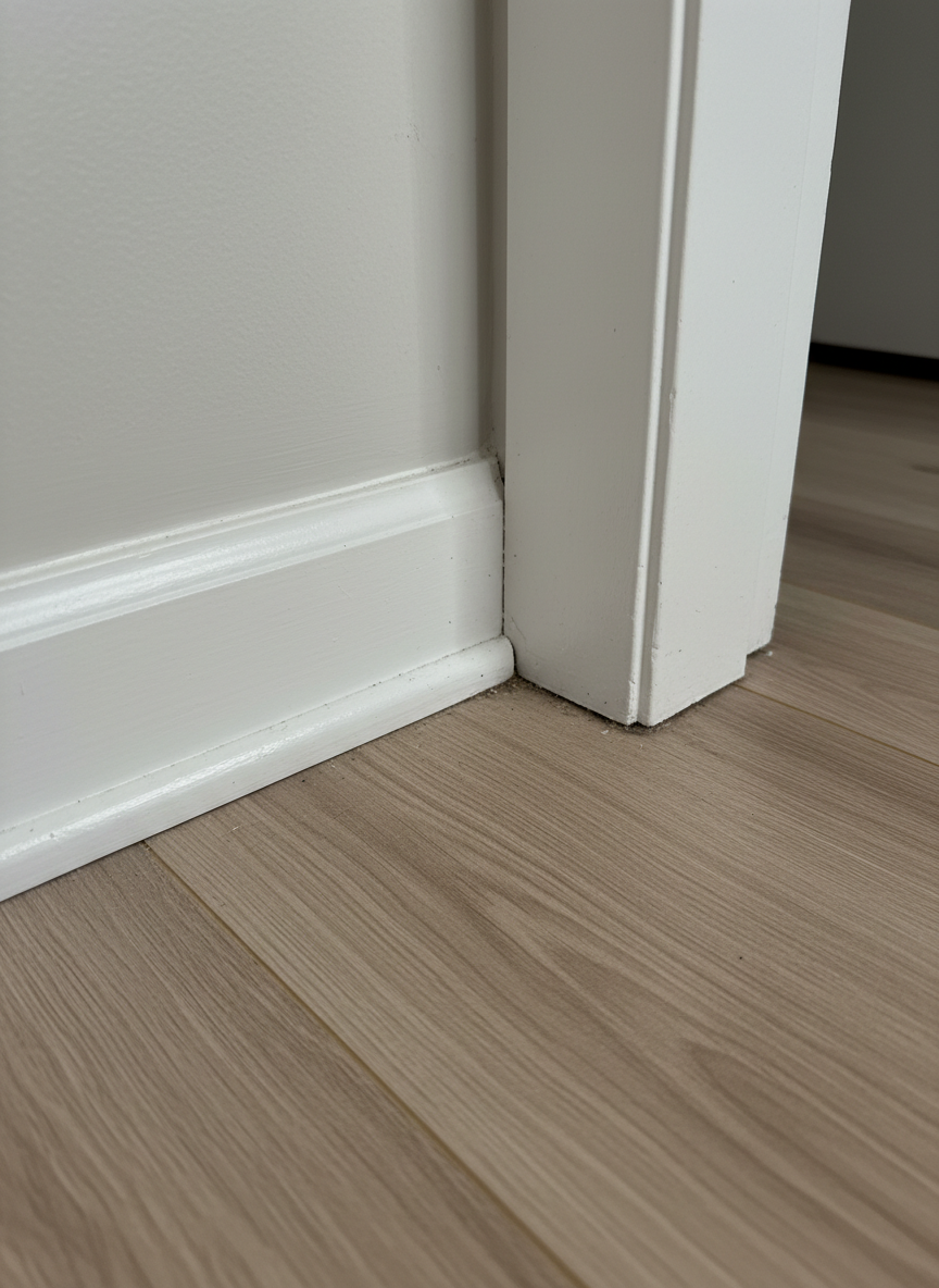 A close-up, detailed view of a move-out-cleaned baseboard and floor corner in a Pittsburgh rental, emphasizing perfection in the small details. The white baseboard is completely free of dust, scuffs, or hairline debris, with a smooth semi-gloss finish. The adjacent light oak laminate flooring is freshly mopped, with a subtle satin sheen and no streaks. In the corner, there is no trace of accumulated dust or cobwebs, just crisp, sharp lines where wall meets floor. Soft natural side lighting from a nearby window casts gentle shadows that accentuate the cleanliness. Photographic realism, macro-style composition with shallow depth of field, creating a professional, meticulous, and trustworthy mood.