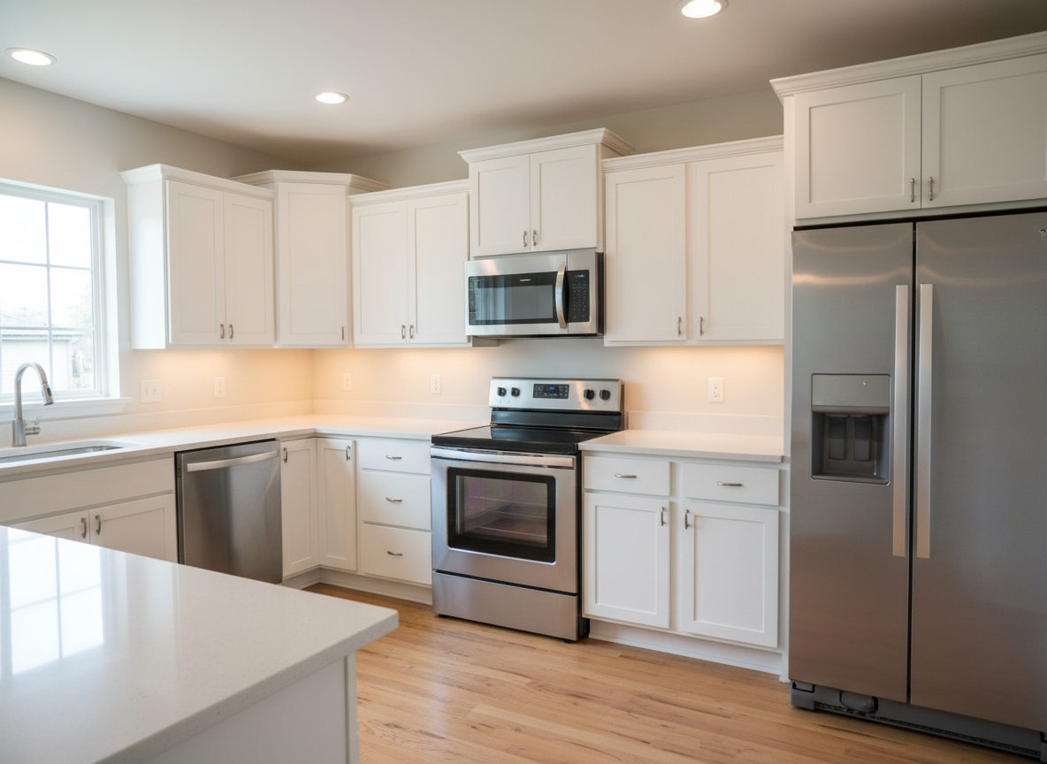 A bright, empty kitchen in a Pittsburgh rental home, visibly move-out ready after a deep clean. White shaker cabinets with freshly scrubbed handles line the walls, with not a fingerprint in sight. The stainless-steel oven and refrigerator shine with a soft, reflective gleam, and the glass cooktop is completely free of stains or residue. The quartz countertops are cleared and spotless, edges neatly wiped. Warm under-cabinet lighting and diffused daylight from a nearby window combine to create gentle highlights and soft shadows. Shot from a slightly elevated corner angle in photographic realism, the composition uses leading lines of cabinets and counters to emphasize thoroughness and professional precision.