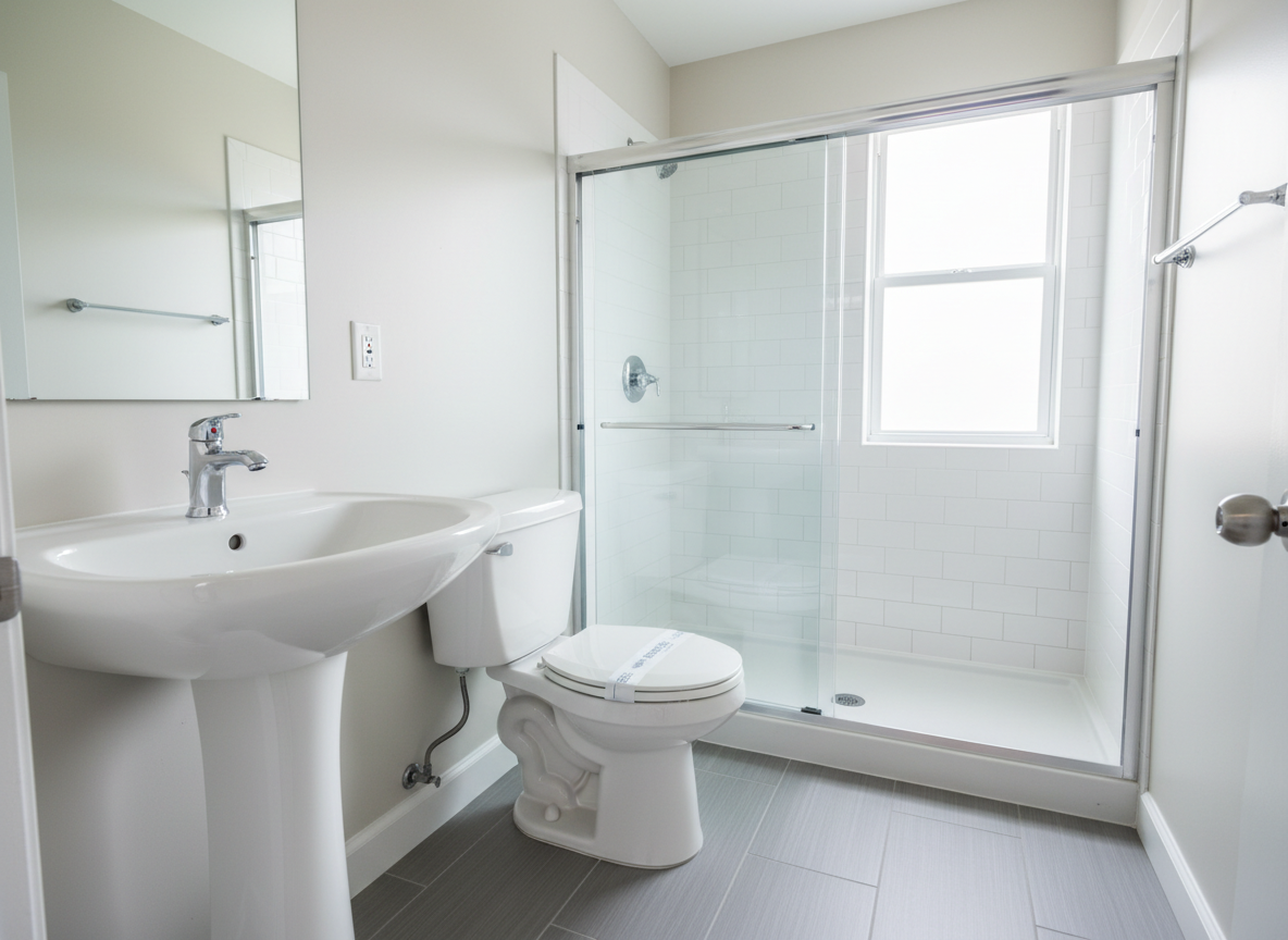 A pristine, empty bathroom in a Pittsburgh apartment, perfectly prepared for a move-out inspection. The porcelain sink and chrome faucet are polished to a mirror-like shine, with not a single water spot. The glass shower door is crystal clear, no soap scum, with neatly scrubbed tile grout lines that look bright and uniform. A freshly sanitized toilet with a closed lid sits beside flawlessly mopped ceramic tile flooring. Cool white overhead lighting combines with soft natural light from a frosted window, creating a clean, hygienic glow. Photographic realism, captured at eye level with sharp focus, highlighting reflective surfaces and textures to convey a professional, deposit-ready clean.